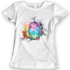Herz-Käfig-T-Shirts Aquarell-Weinlese-Vogel-Damen-Geschenk-Idee 100% Baumwolle