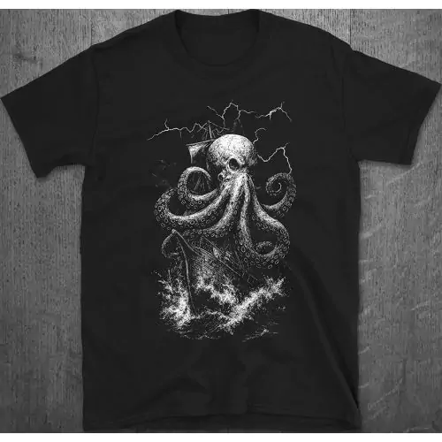 Kraken Angriff Gothic T-Shirt, Dunkles Seeungeheuer Horror Shirt