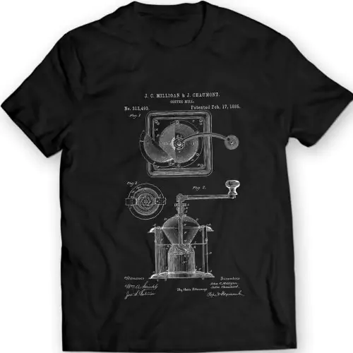 Brauen Sie Stil mit unserem „Coffee Grinder Burr Mechanical Mill Vintage Patent T-Shirt