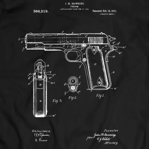 Mit dem authentischen Patent-Artwork von Brownings legendärer Colt 1911-Pistole ist dieses T-Shirt eine stilvolle Anspielung auf die Waffengeschichte.