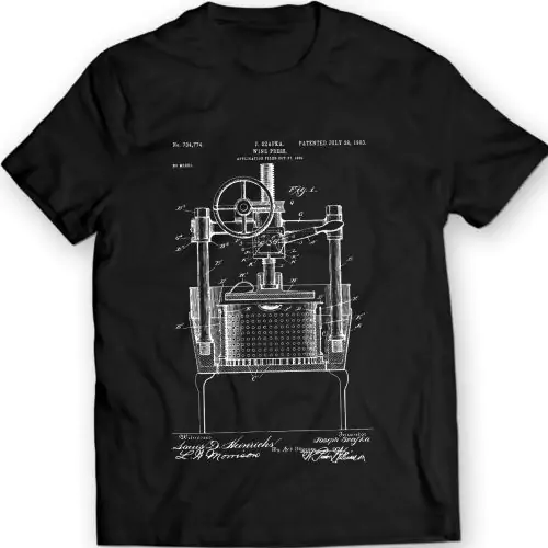 Wein-Presse-Maschinen-Patent-T-Shirt 100% Baumwollferiengeschenk-Geburtstags-Geschenk